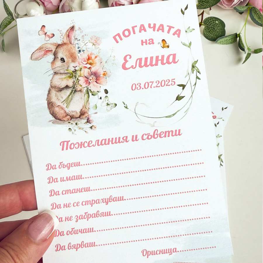 Карти за съвети за наричане на бебе Картички за наричане на бебе със сладко зайче и място за пожелания